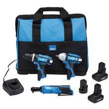 Draper 12V Drill Drive and Ratchet Interchange Kit, 2 x 4.0Ah Li-ion Battery, 1 x 1.5Ah Li-ion Battery, 1 x Fast Charger, 1 x Tool Bag