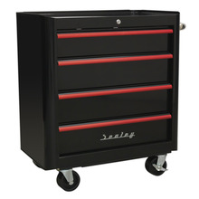 Premier™ Retro Style Rollcab 4 Drawer - Black with Red Anodised Drawer Pulls