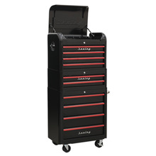 Premier™ Retro Style Topchest, Mid-Box Tool Chest & Rollcab Combination 10 Drawer - Black with Red Anodised Drawer Pulls