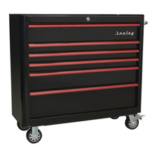 Premier™ Retro Style Wide Rollcab 6 Drawer - Black with Red Anodised Drawer Pulls