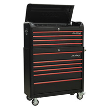 Premier™ Retro Style Wide Topchest & Rollcab Combination 10 Drawer - Black with Red Anodised Drawer Pulls