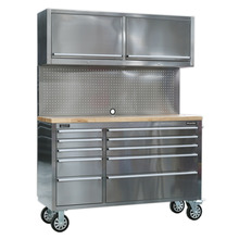 Sealey Premier™ Mobile Stainless Steel Tool Cabinet 10 Drawer with Backboard & 2 Wall Cupboards