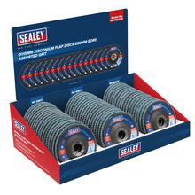 Sealey FD115MIXDB Assorted Grit Flap Discs Zirconium �115mm �22mm Bore - Display Box of 60