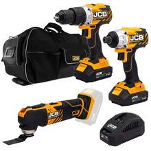 JCB 18V B/L Combi Drill B/L Impact Driver Multi Tool Kit 2x 2.0ah Lithium-Ion Batteries and charger in 26 wheeled kit bag | 21-18TPKMT-2