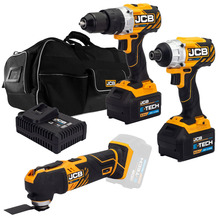 JCB 18V B/L Combi Drill B/L Impact Driver Multi Tool Kit 2x 5.0ah Lithium-Ion Batteries and super fast charger in 26 wheeled kit bag | 21-18TPKMT-5