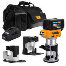 JCB 18V B/L Router with 3x bases (trimmer, offset, incline) 5.0ah Lithium-Ion battery and charger in 20 kit bag | 21-18RTKIT-5X-B