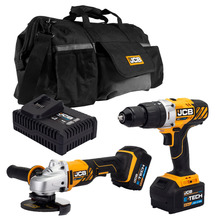 JCB 18V Combi Drill Angle Grinder Kit 2x 5.0ah Lithium-Ion Batteries and super fast charger in 20 kit bag | 21-18AGCD-5