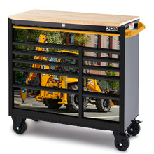 JCB 42'' Roller Tool Cabinet, 11 Drawers, Steel with Hardwood Worktop and Backhoe Loader Wrap | JCBBHLRCBB