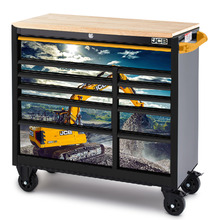 JCB 42'' Roller Tool Cabinet, 11 Drawers, Steel with Hardwood Worktop and Excavator Wrap | JCBEXCRCBB