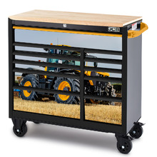 JCB 42'' Roller Tool Cabinet, 11 Drawers, Steel with Hardwood Worktop and Fastrac Tractor Wrap | JCBFSTRCBB