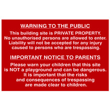 Scan SCA4251 Building Site Warning to Public & Parents - PVC Sign 600 x 400mm