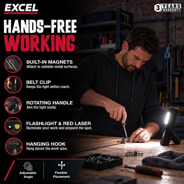 Excel 10946 600 Lumens LED Rechargeable Magnetic Handheld Work Light with Red Laser