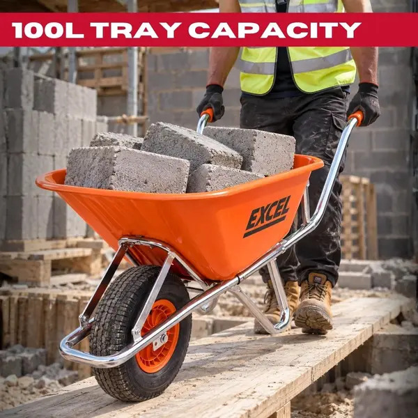 Excel 10092 Heavy Duty 100L Orange Wheelbarrow with Chrome Plated Frame