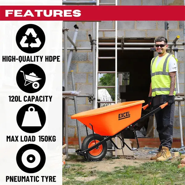 Excel 31505 Heavy Duty 120L Wheelbarrow HDPE Plastic Tray