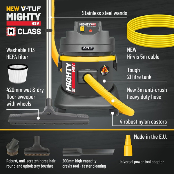V-TUF MIGHTY HSV - 21L M-Class 110v Industrial Dust Extraction Wet & Dry Vacuum Cleaner - Health & Safety Version