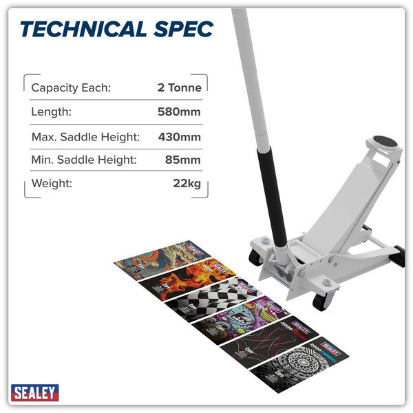 Sealey 2000CW Low Profile Custom Design Trolley Jack with Rocket Lift 2 Tonne - White