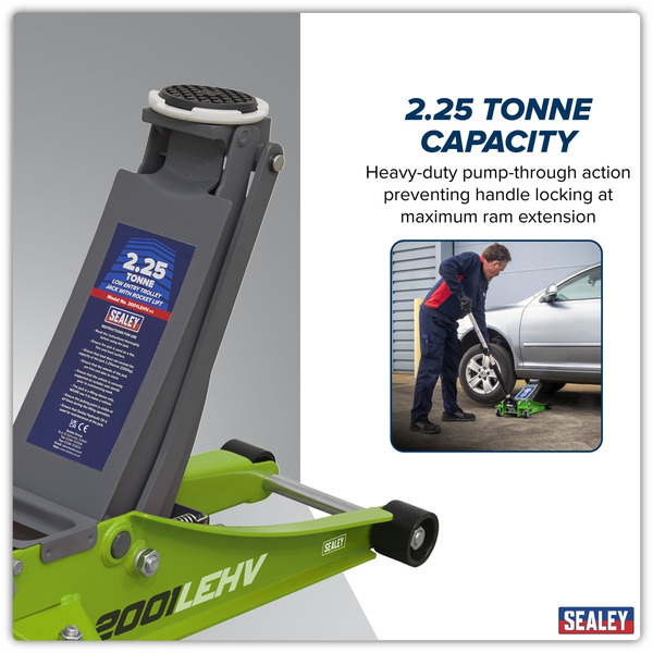 Sealey 2001LEHV Low Profile Rocket Lift Trolley Jack 2.25 Tonne - Green