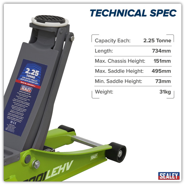 Sealey 2001LEHV Low Profile Rocket Lift Trolley Jack 2.25 Tonne - Green