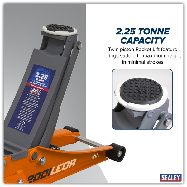 Sealey 2001LEOR Low Profile Trolley Jack with Rocket Lift 2.25 Tonne - Orange