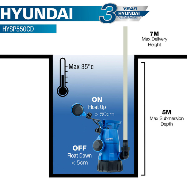 Hyundai 550w Submersible Pump, 25-32mm 1-1/2 Hose, Clean and Dirty Water Sump Pump, 7m Lift | HYSP550CD