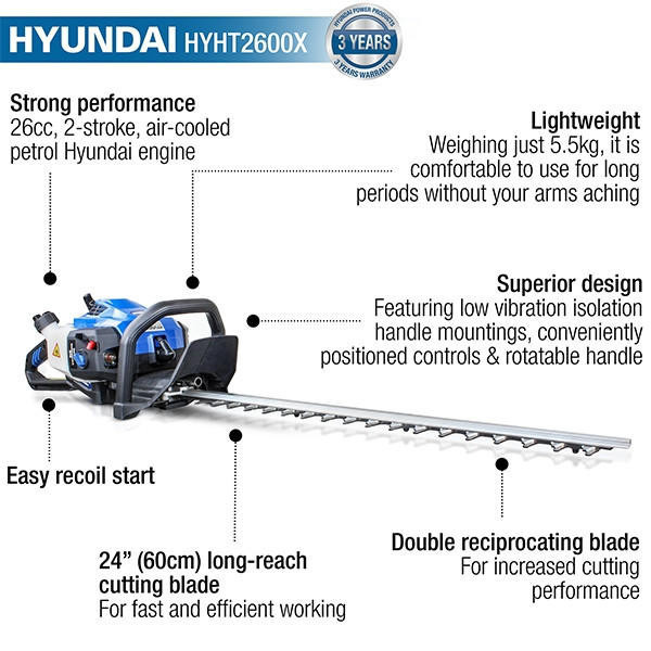 Hyundai 26cc 600mm Petrol Hedge Trimmer Cutter, Easy-Start & Lightweight 2-stroke | HYHT2600X