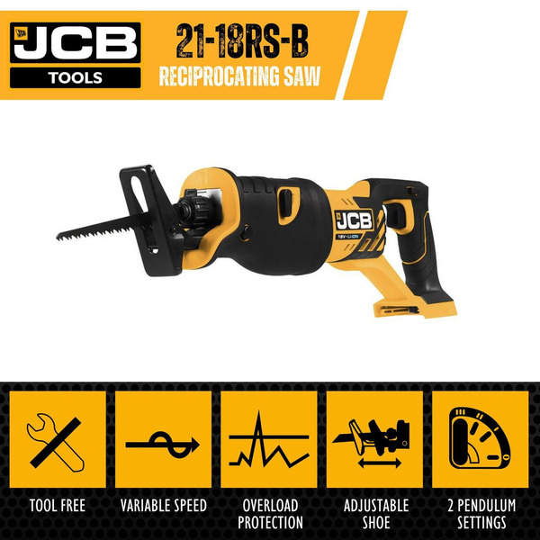 JCB 18V Cordless Reciprocating Saw, 3Ah Li-Ion Battery & 2.4A Fast Charger | 21-18RS-3CX