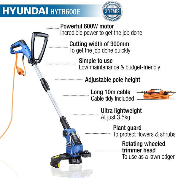 Hyundai 600W 2-in-1 Electric Grass Trimmer and Lawn Edger 30cm | HYTR600E