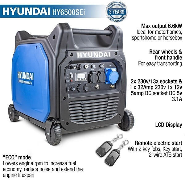 Hyundai 6600W/6.6kW Remote Electric Start Petrol Portable Inverter Generator | HY6500SEi