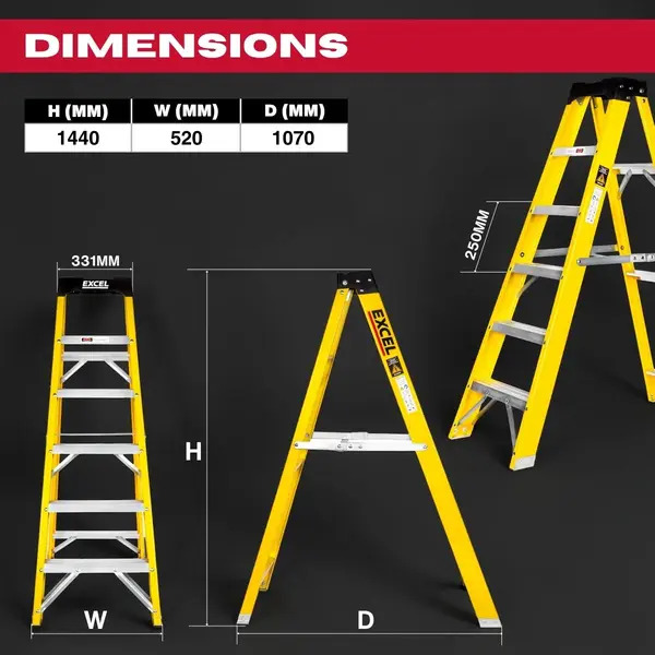 Excel 1656 Electricians Fibreglass Step Ladder 6 Tread 1.44m Heavy Duty