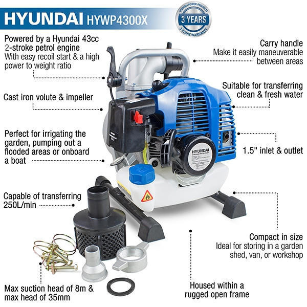 Hyundai 35mm 1.5'' Petrol Clean Water Pump, 35m Total Head, 8m Lift, 250L/min Flow Rate, Lightweight | HYWP4300X