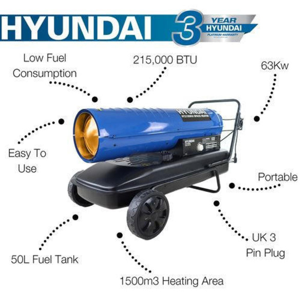 Hyundai 63kW Diesel/Kerosene Space Heater 215,000BTU | HY215DKH