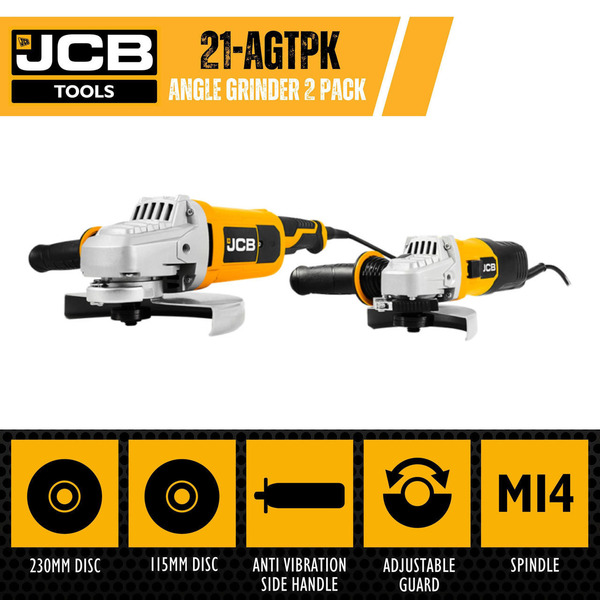 JCB 600W Electric Angle Grinders Twin Pack Kit - 115mm, 230mm, M14 Spindle, Corded, 220-240V | 21-AGTPK