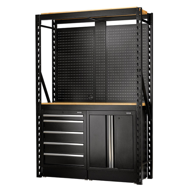 Draper BUNKER® 15 Piece Modular Storage Combo 2 Tier Racking with Hardwood Shelving, Pegboards and Floor Cabinets, 1500mm