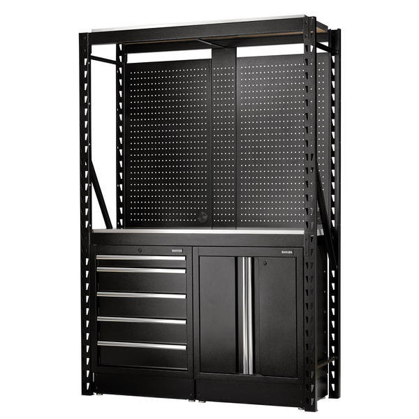 Draper BUNKER® 15 Piece Modular Storage Combo 2 Tier Racking with Stainless Steel Shelving, Pegboards and Floor Cabinets, 1500mm