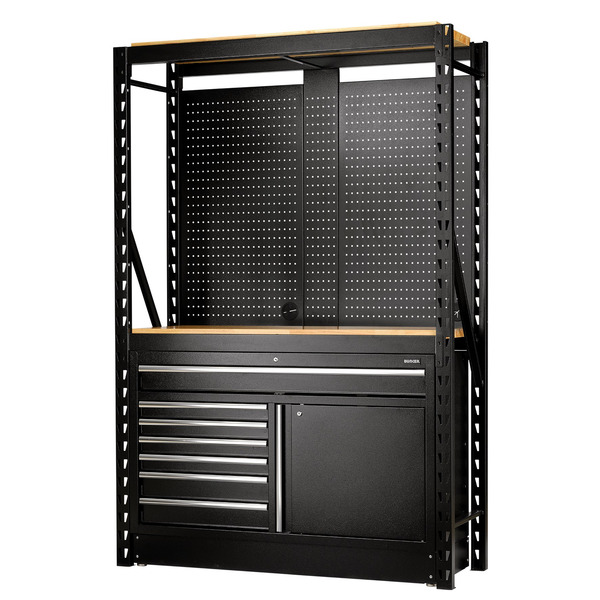 Draper BUNKER® 14 Piece Modular Storage Combo 2 Tier Racking with Hardwood Shelving, Pegboards and Floor Cabinet, 1500mm