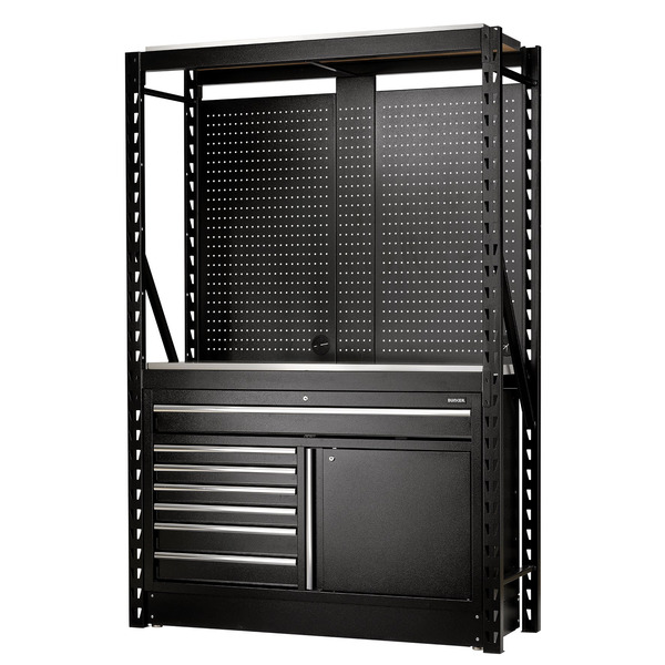 Draper BUNKER® 14 Piece Modular Storage Combo 2 Tier Racking with Stainless Steel Shelving, Pegboards and Floor Cabinet, 1500mm