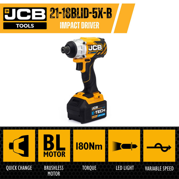 JCB 18V BRUSHLESS IMPACT DRIVER, 5AH LITHIUM-ION BATTERY AND CHARGER | 21-18BLID-5X-B