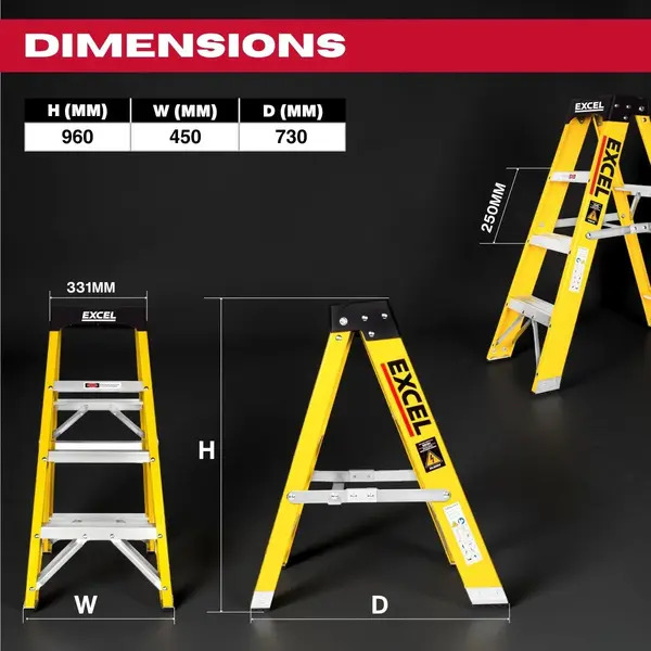 Excel 1655 Electricians Fibreglass Step Ladder 4 Tread 0.96m Heavy Duty