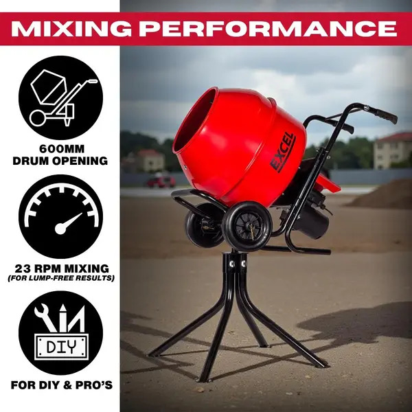 Excel 32144 134L Portable Cement Mixer 240V/370W with Wheels