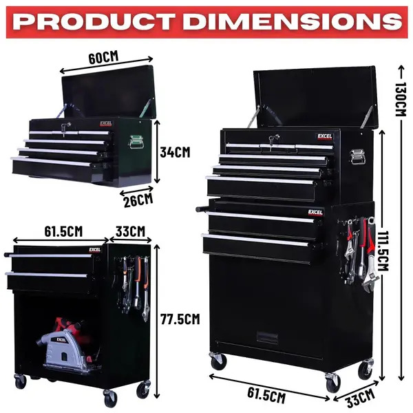 Excel 30697 Roller Tool Chest Cabinet 8 Drawers Storage Toolbox Black