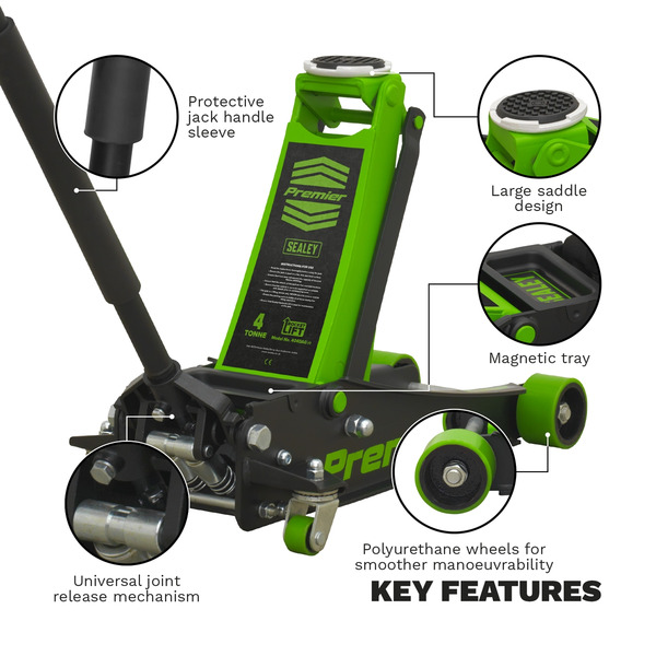 Sealey Premier Low Profile Trolley Jack with Rocket Lift 4 Tonne - Green