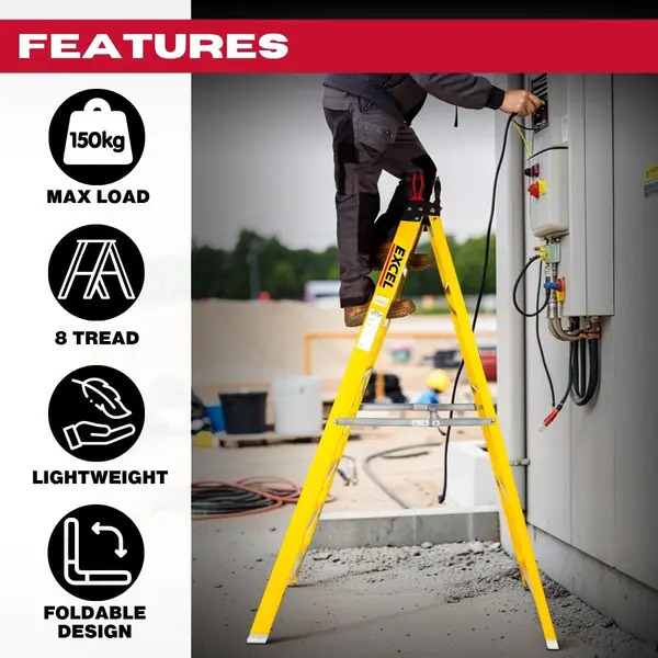 Excel 1657 Electricians Fibreglass Step Ladder 8 Tread 1.91m Heavy Duty