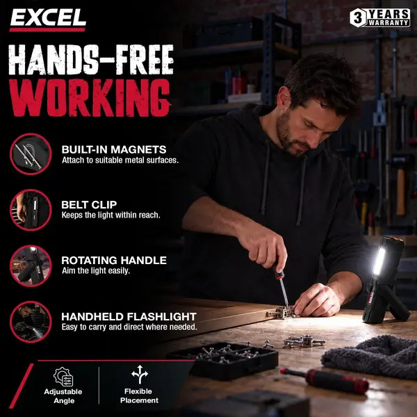 Excel EXL10948 10948 200 Lumens LED Rechargeable Magnetic Handheld Work Light with Flashlight