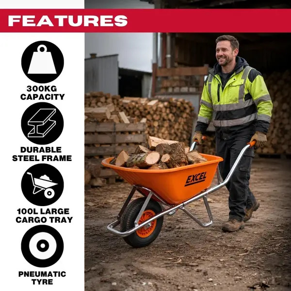Excel 10092 Heavy Duty 100L Orange Wheelbarrow with Chrome Plated Frame