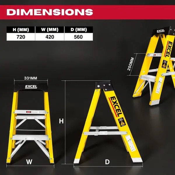 Excel 7403 Electricians Fibreglass Step Ladder 3 Tread 0.72m Heavy Duty