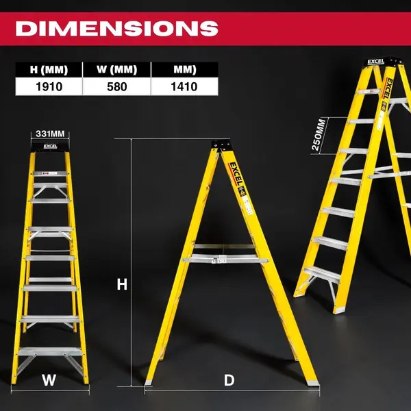 Excel 1657 Electricians Fibreglass Step Ladder 8 Tread 1.91m Heavy Duty