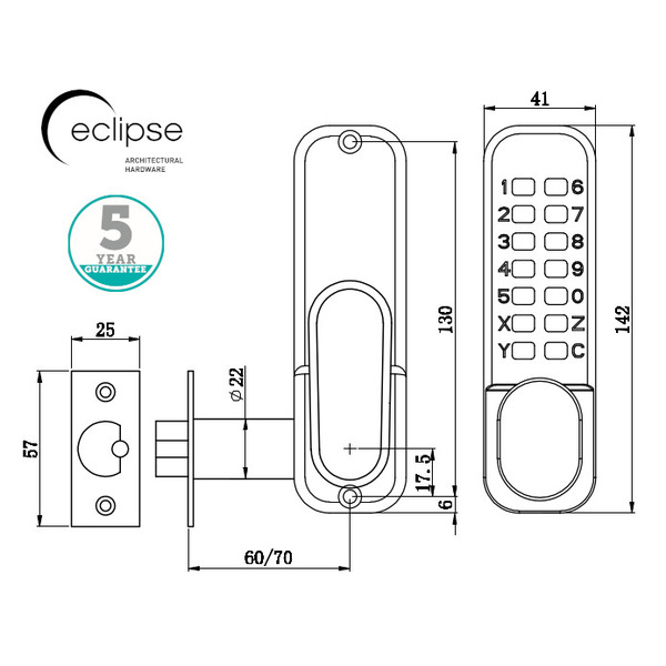Eclipse ED15 Push-Button Digital Lock - Silver - FD60 Fire Rated - Holdback Facility - 70249