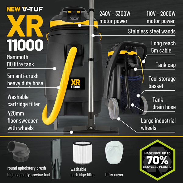 V-TUF XR11000 110V 110L 1600W High Performance Wet & Dry Industrial Vacuum Cleaner - Made from 70% Recycled Plastic