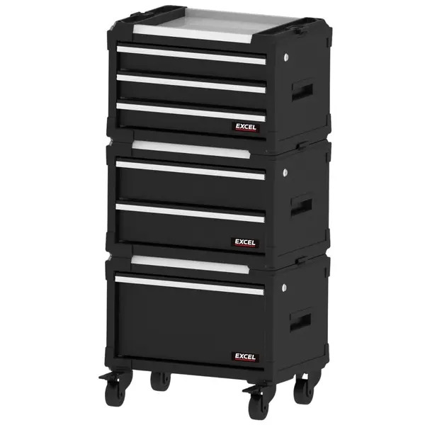 Excel 11630 6 Drawer Modular Rolling Tool Box Stackable with Stainless Steel Worktop