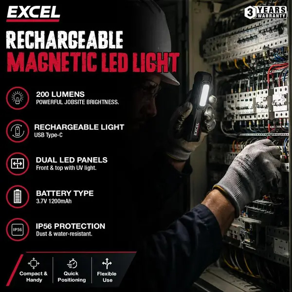 Excel EXL10948 10948 200 Lumens LED Rechargeable Magnetic Handheld Work Light with Flashlight